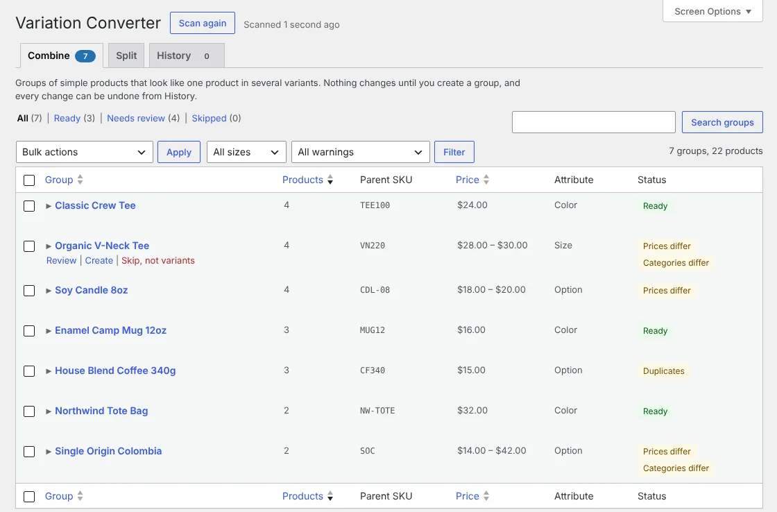 Variation Converter for WooCommerce - Open-source WordPress plugin that merges near-duplicate simple products into variable products, with preview and one-click undo. Built with PHP, WordPress, WooCommerce, JavaScript, WP-CLI
